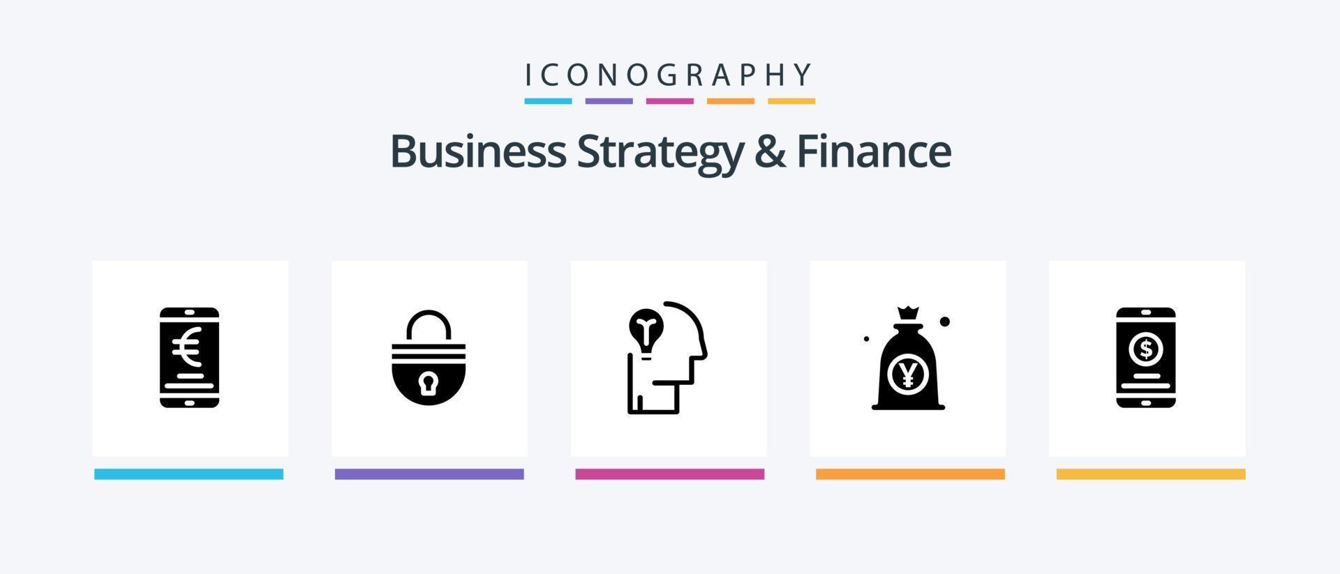 estratégia de negócios e pacote de ícones de glifo 5 de finanças, incluindo solução. mente . seguro . lâmpada .. design de ícones criativos vetor