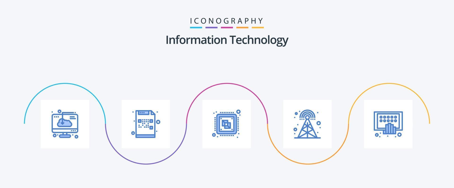 pacote de ícones azul 5 de tecnologia da informação, incluindo rádio. transmissão. arquivo. processador. computador vetor