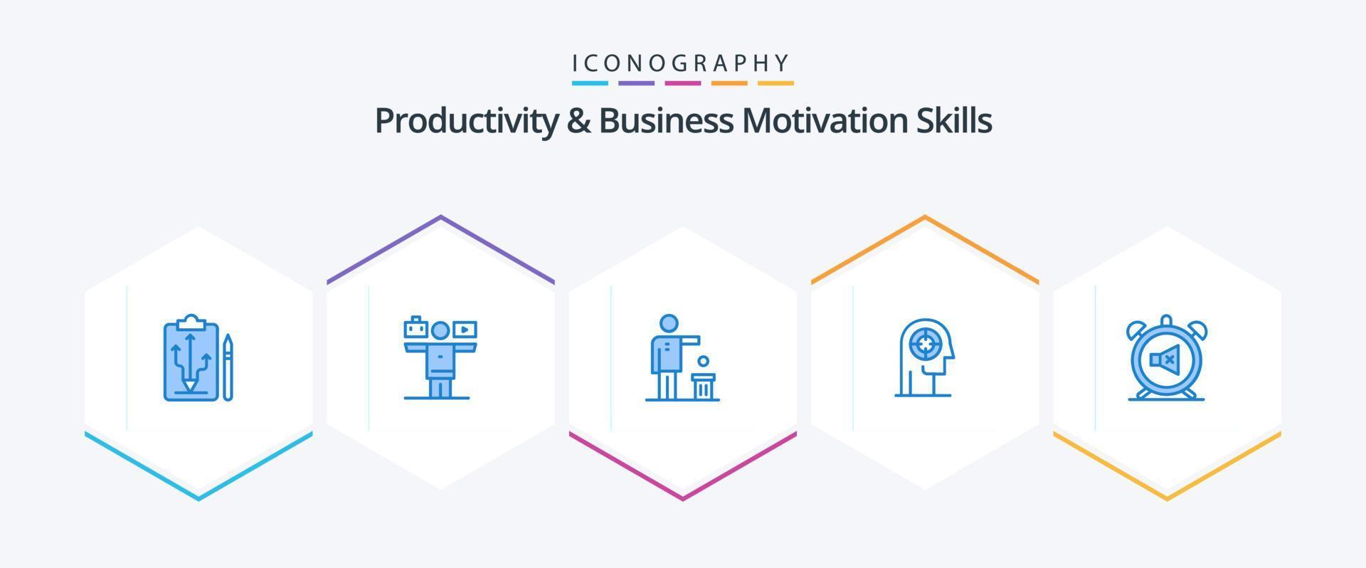 habilidades de produtividade e motivação de negócios 25 pacote de ícones azuis, incluindo cabeça. concentração. trabalhar. seta. reciclando vetor