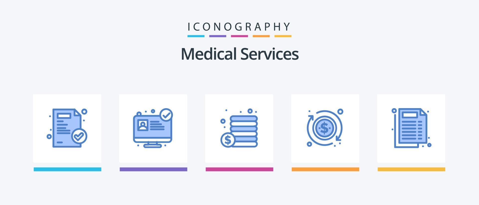 pacote de ícones azul 5 de serviços médicos, incluindo . dinheiro. documento. médico. design de ícones criativos vetor