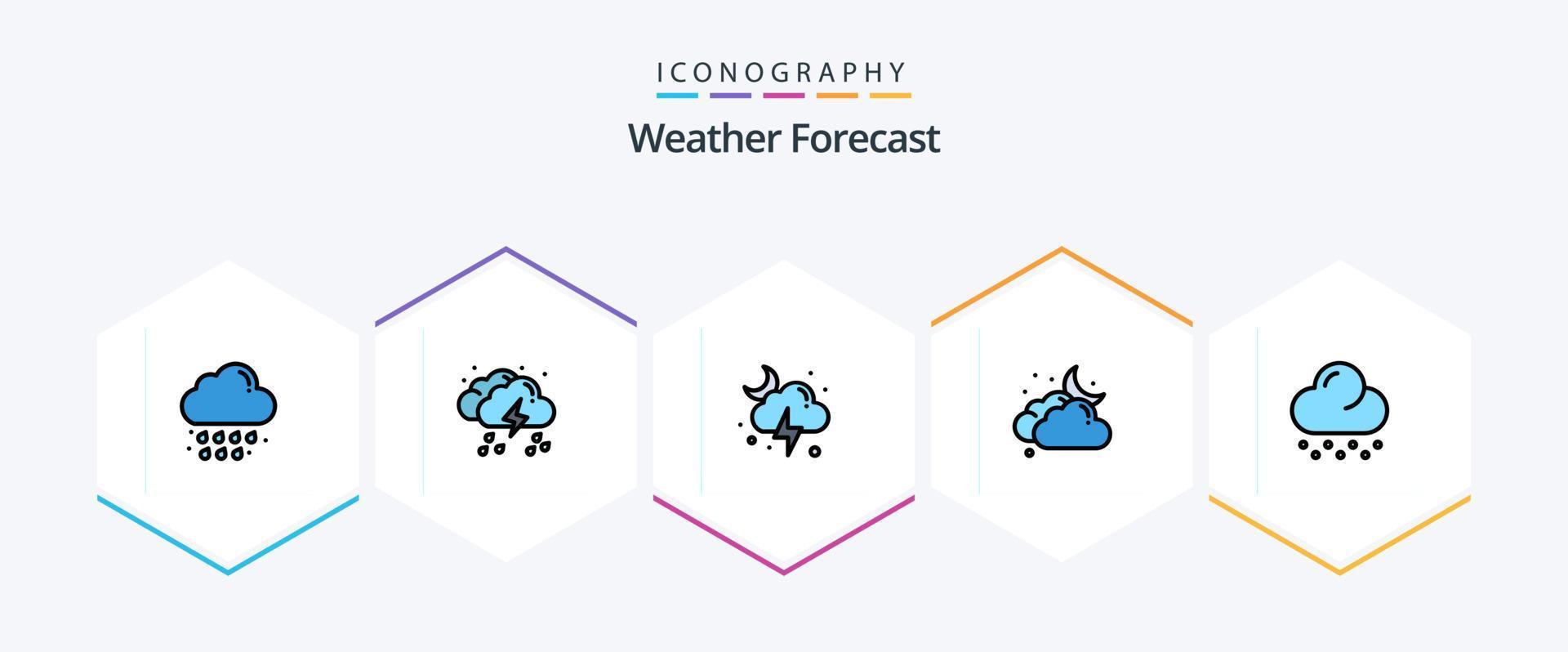 pacote de ícones de 25 linhas preenchidas para clima, incluindo nuvem. lua. luz. nublado. tempestade vetor