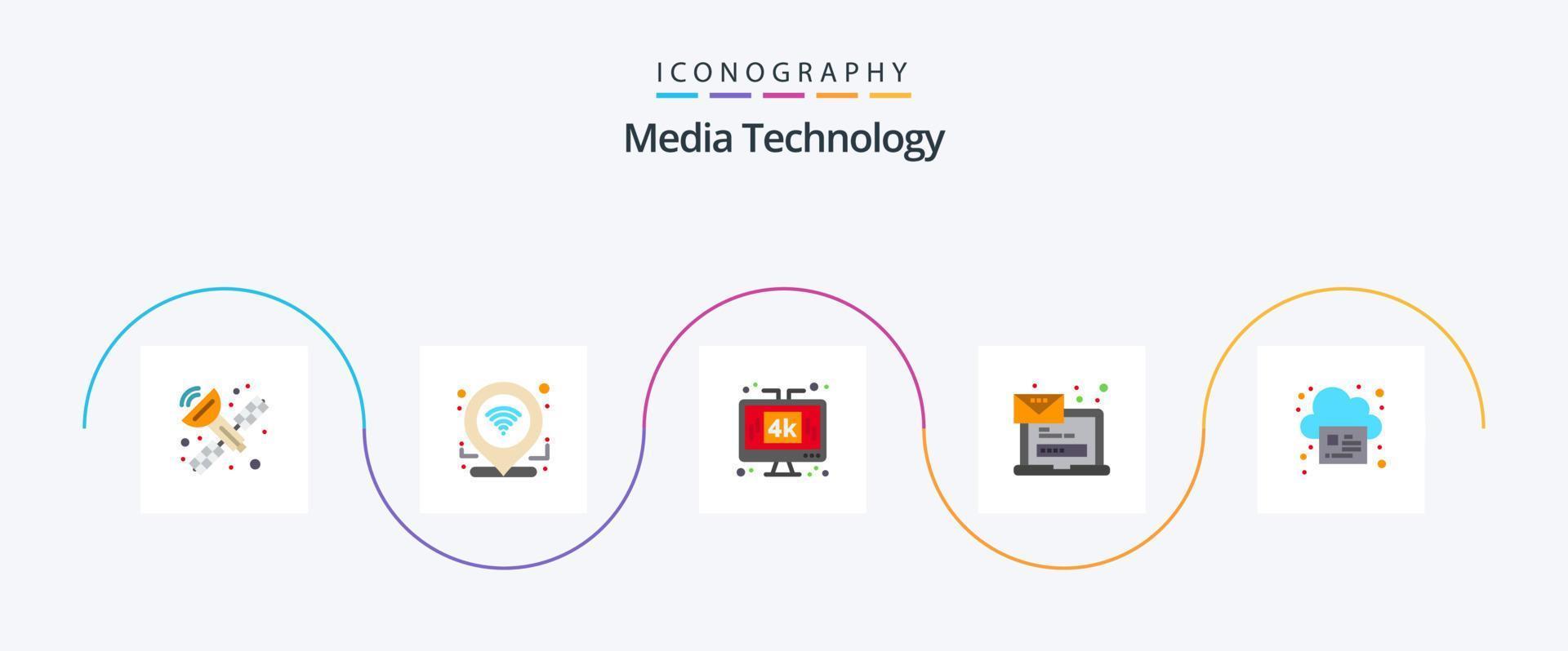 pacote de ícones de tecnologia de mídia plana 5, incluindo online. mensagem. mostrar. computador portátil. computador vetor