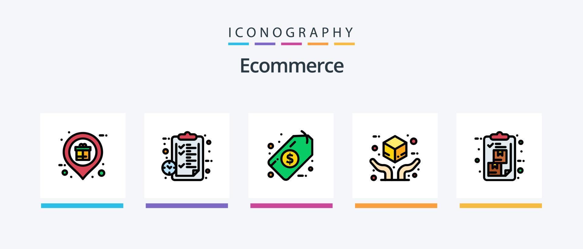 a linha de comércio eletrônico preencheu o pacote de 5 ícones, incluindo a caixa. compras. serviço. OK. pacote. design de ícones criativos vetor