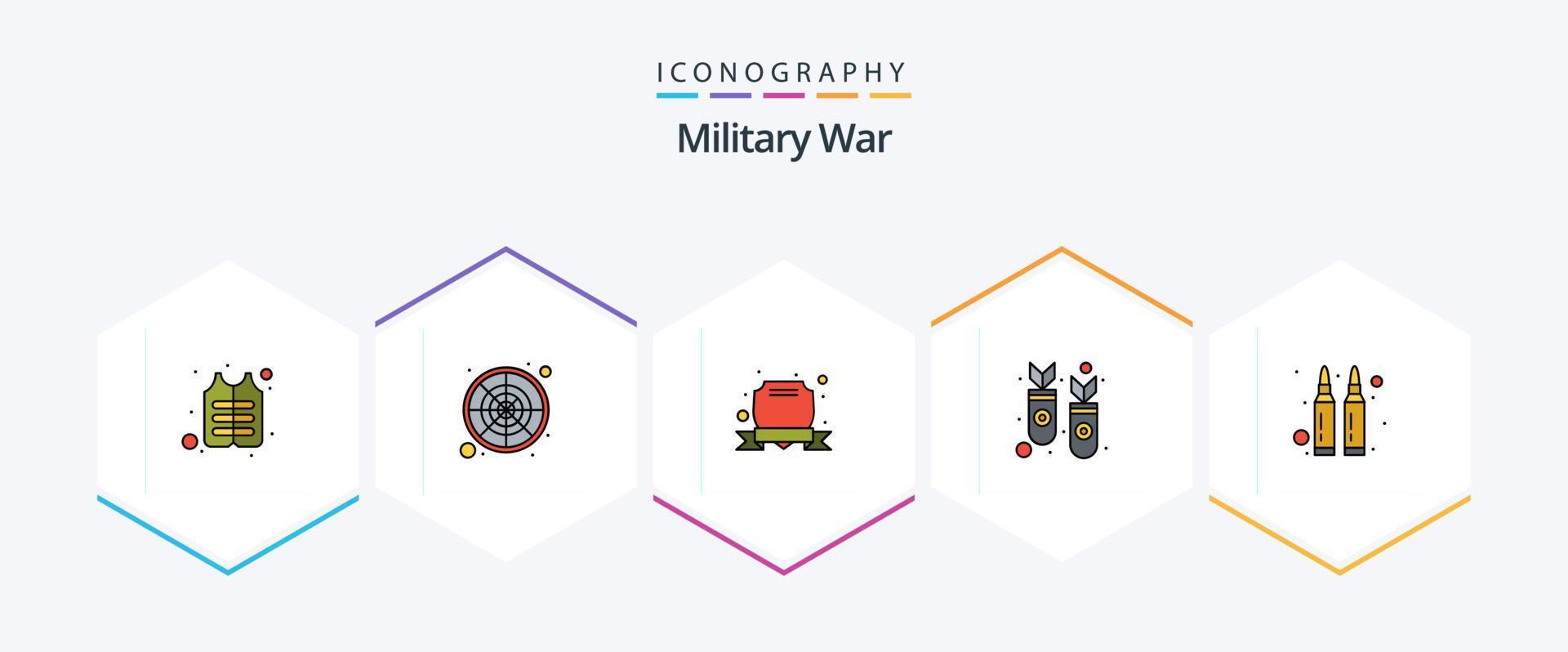 guerra militar 25 pacote de ícones de linha preenchida, incluindo arma. guerra. exército. foguete. mísseis vetor
