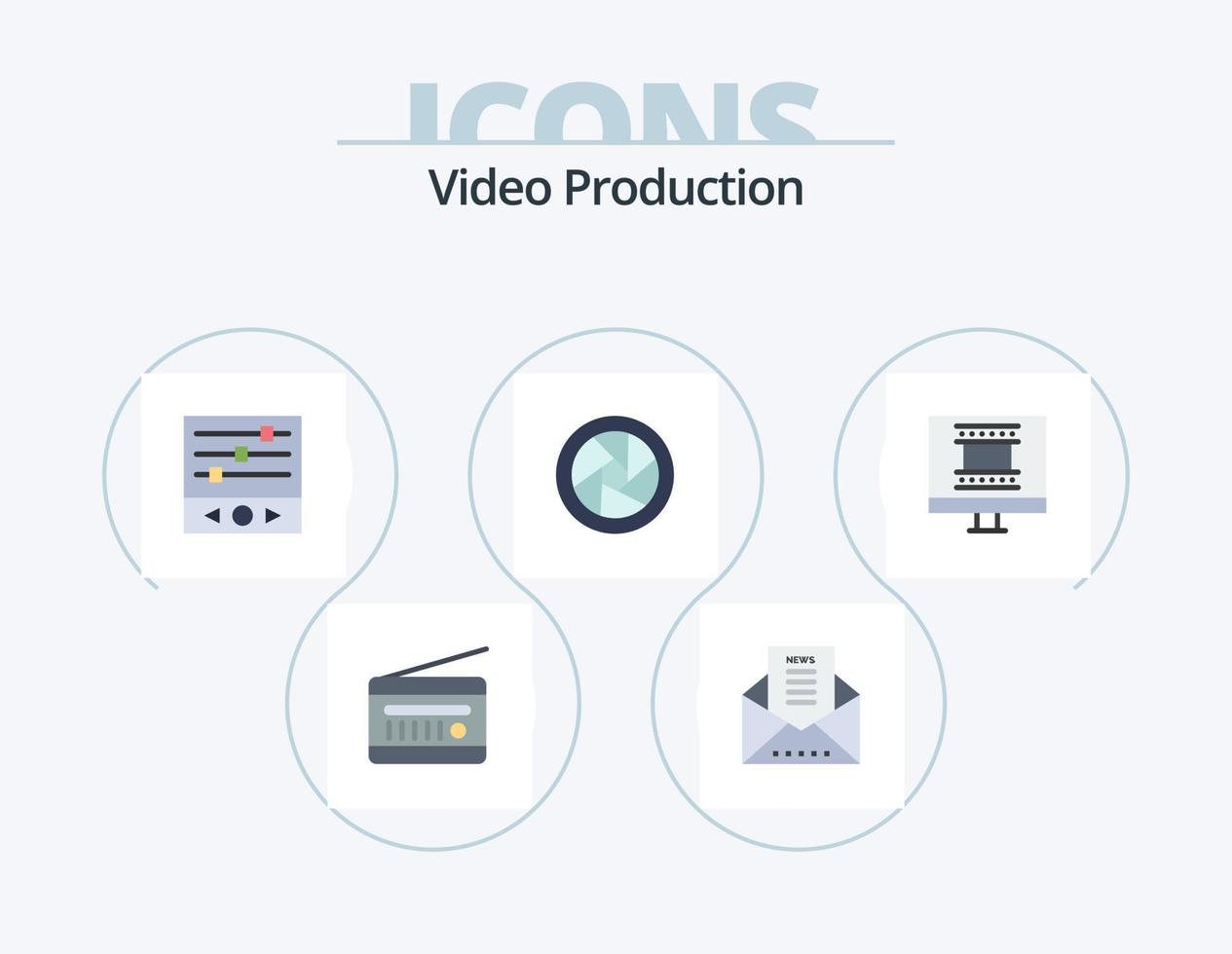 produção de vídeo flat icon pack 5 design de ícones. lentes da câmera. acessórios da câmera. Boletim de Notícias. frequência do som vetor