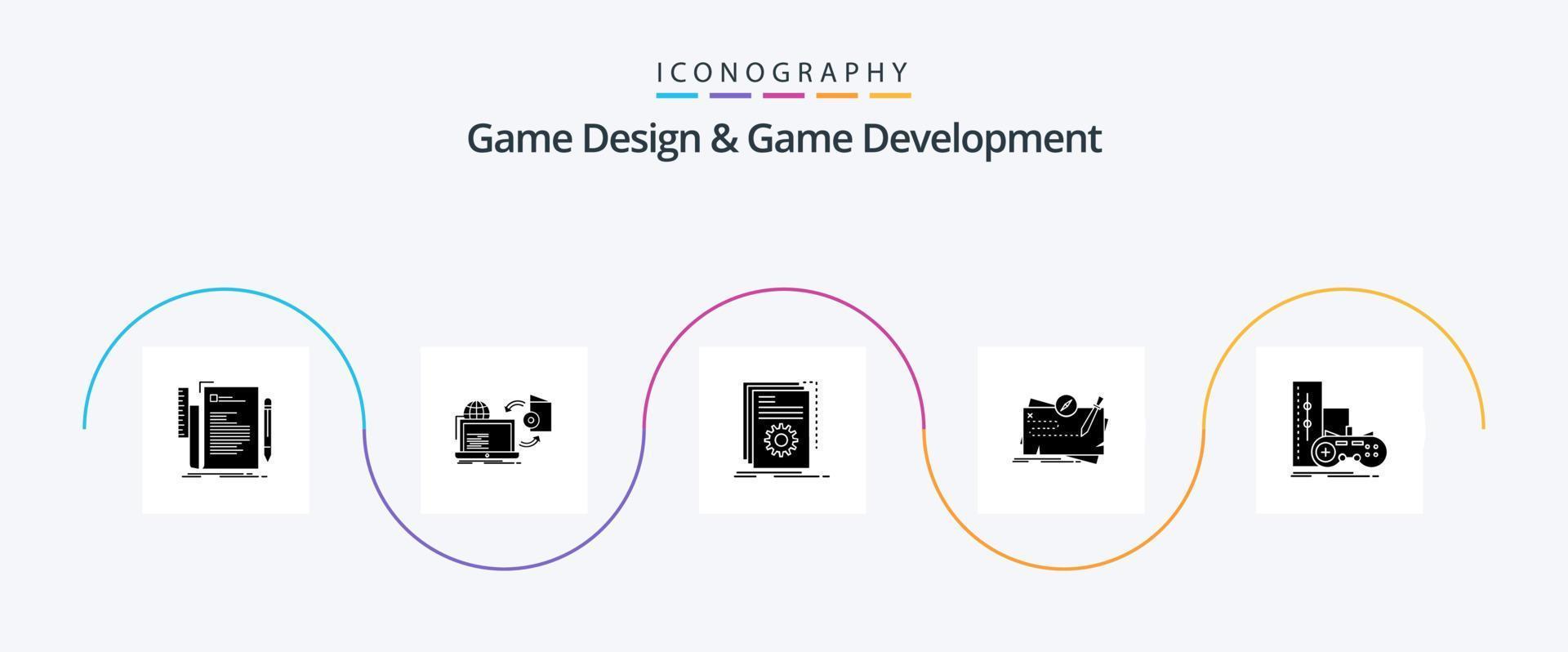 pacote de ícones de glyph 5 de design e desenvolvimento de jogos, incluindo missão. jogo. publicar. roteiro. desenvolvedor vetor