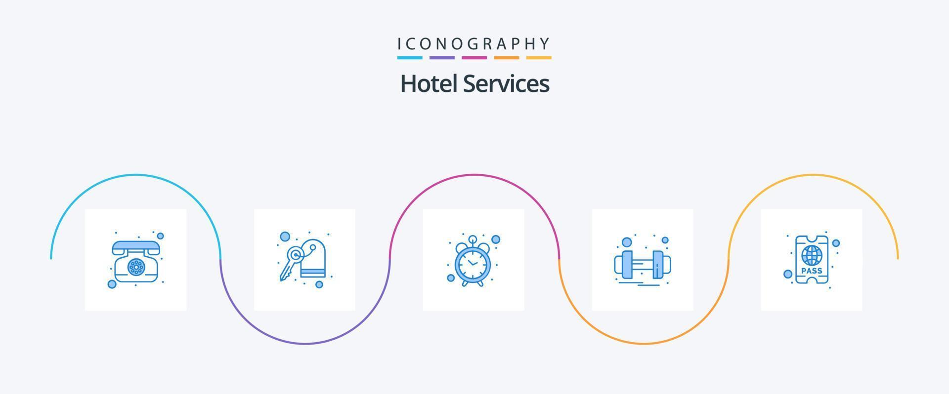 pacote de ícones azul 5 de serviços de hotel, incluindo . bilhete. tempo. passar. serviço vetor