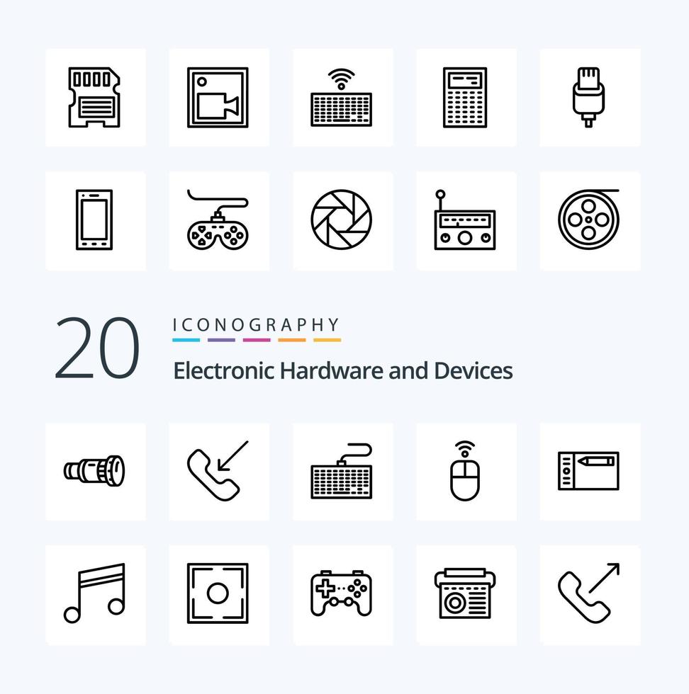 Pacote de ícones de linha de 20 dispositivos como gravação de hardware câmera de telefone sd vetor