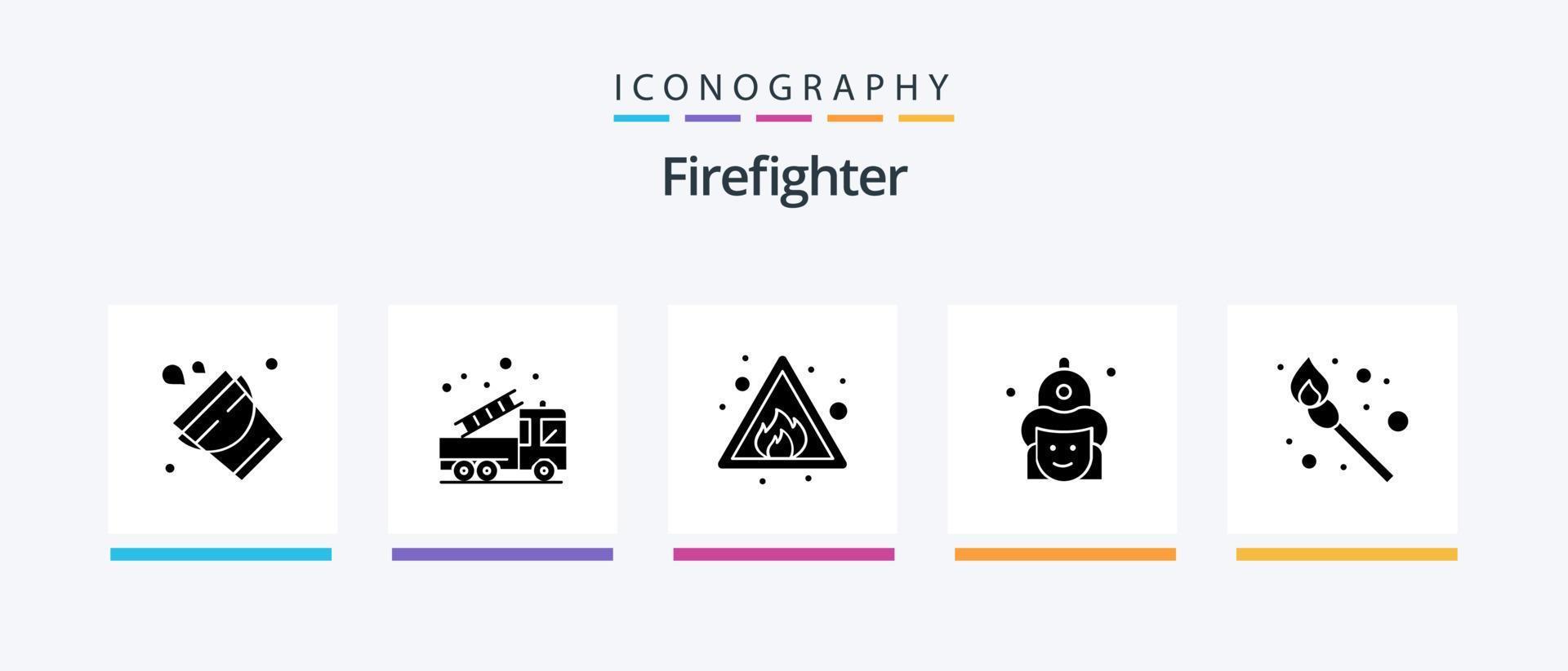 pacote de ícones de glifo de bombeiro 5, incluindo chapéu. bombeiro. caminhão. fogo. sinal. design de ícones criativos vetor
