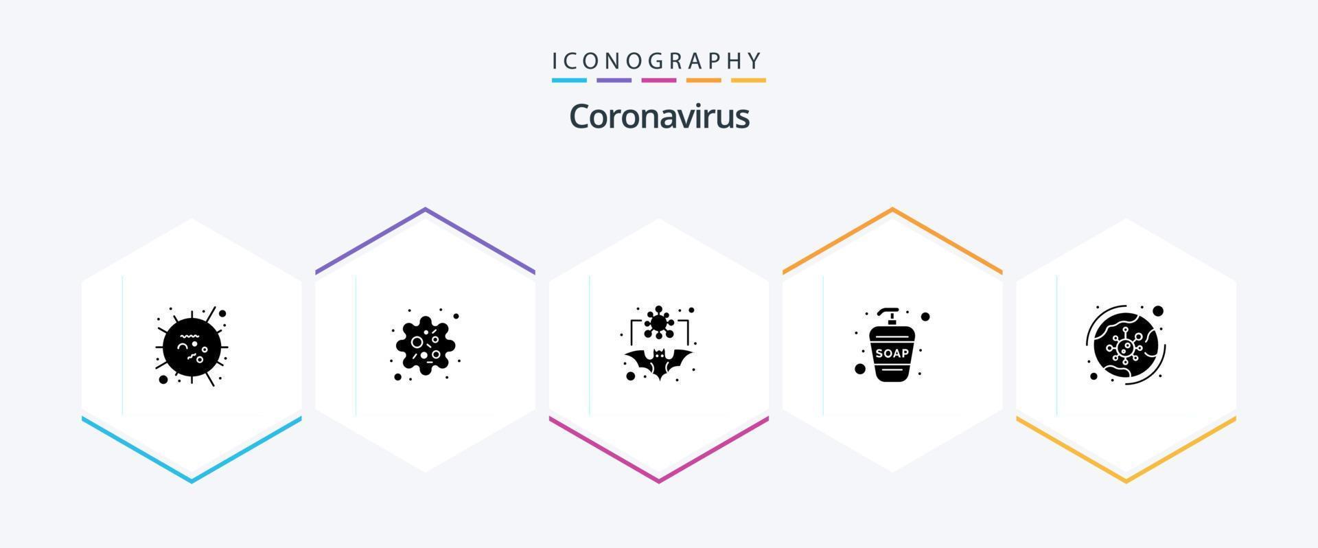 pacote de ícones de 25 glifos de coronavírus, incluindo proteção contra vírus. sabonete líquido. vírus. lavar à mão. gripe vetor