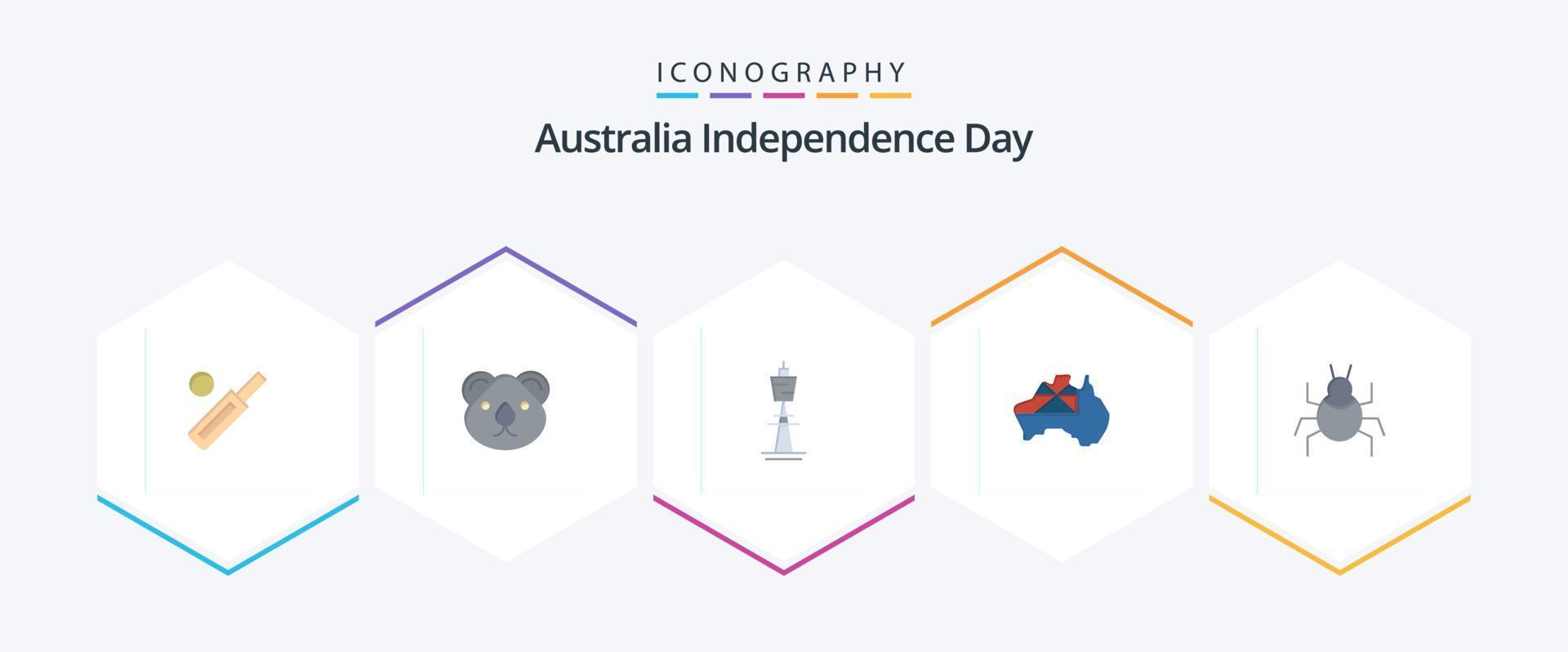 Pacote de ícones planos do Dia da Independência da Austrália 25, incluindo mapa. torre de tv. canguru. torre. prédio vetor