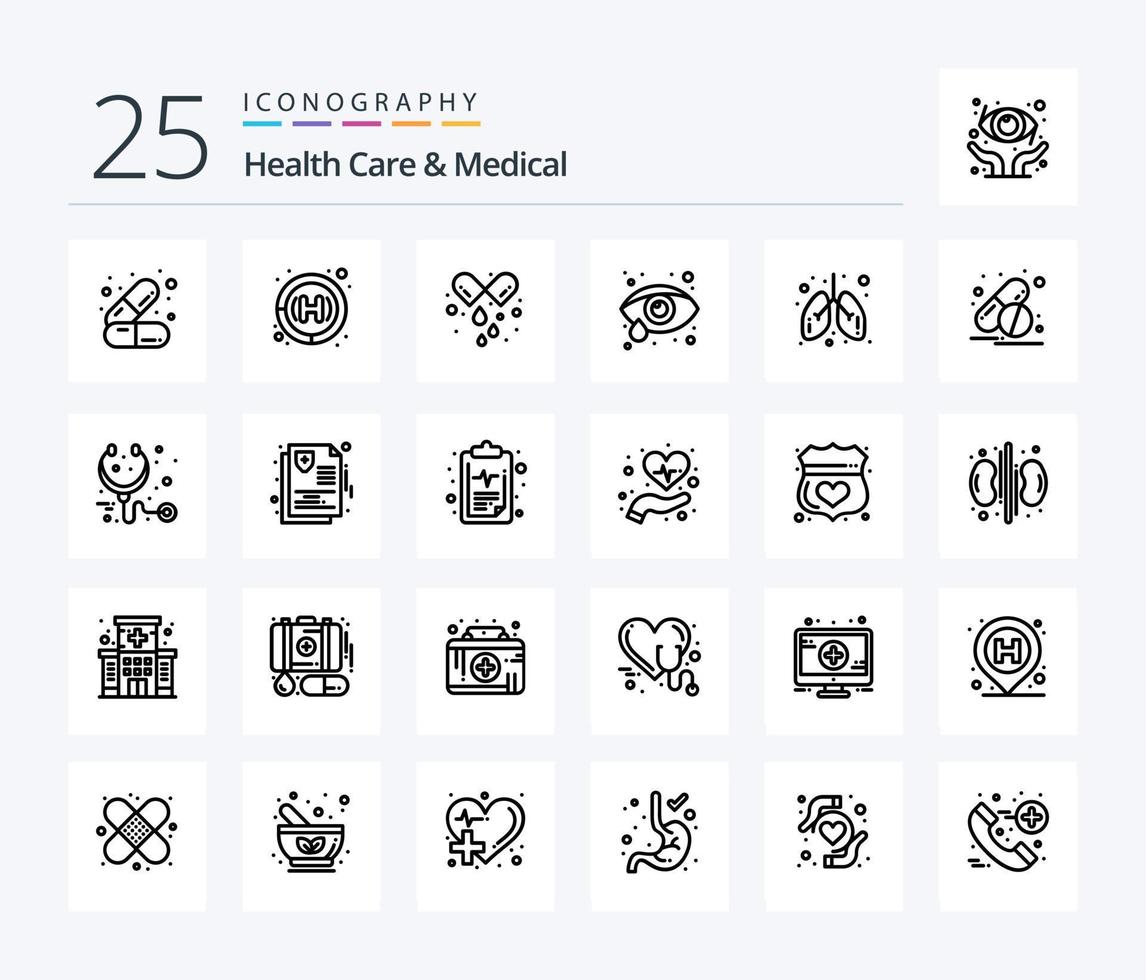 cuidados de saúde e pacote de ícones médicos de 25 linhas, incluindo médico. saúde. pílulas. Cuidado. saúde ocular vetor