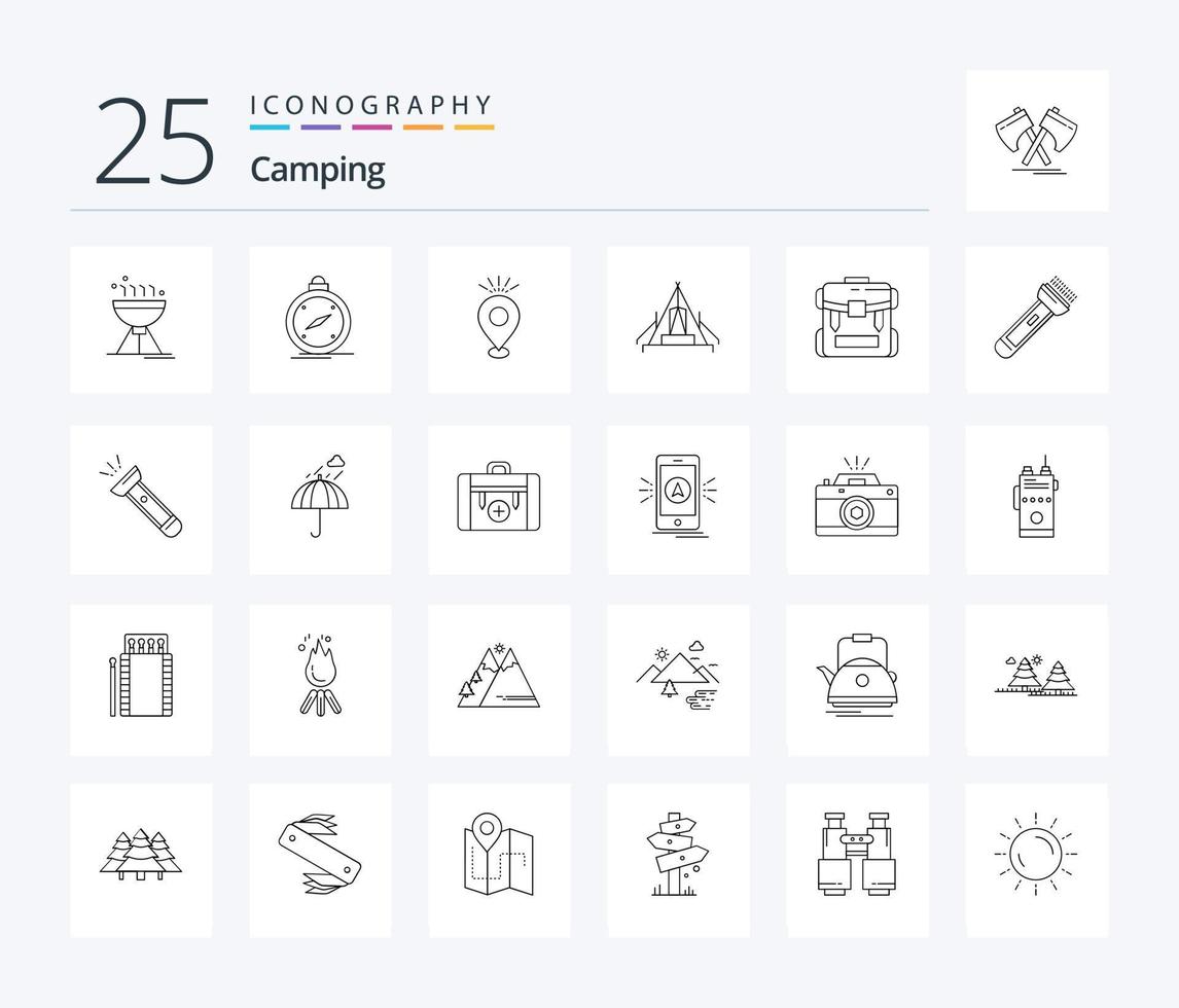 pacote de ícones de 25 linhas de acampamento, incluindo acampamento. acampamento. localização. barraca. feriado vetor