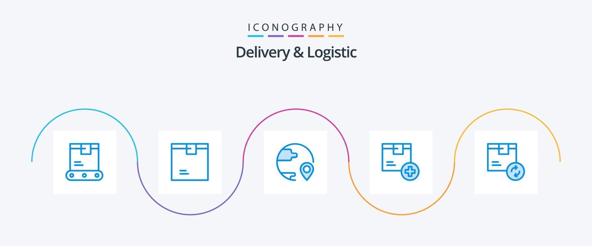 entrega e pacote logístico de 5 ícones azuis, incluindo entrega. adicionar. produtos. envio. global vetor