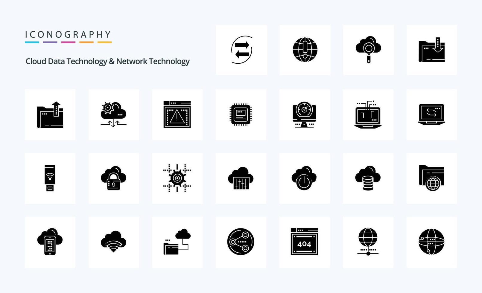 25 tecnologia de dados em nuvem e pacote de ícones de glifos sólidos de tecnologia de rede vetor