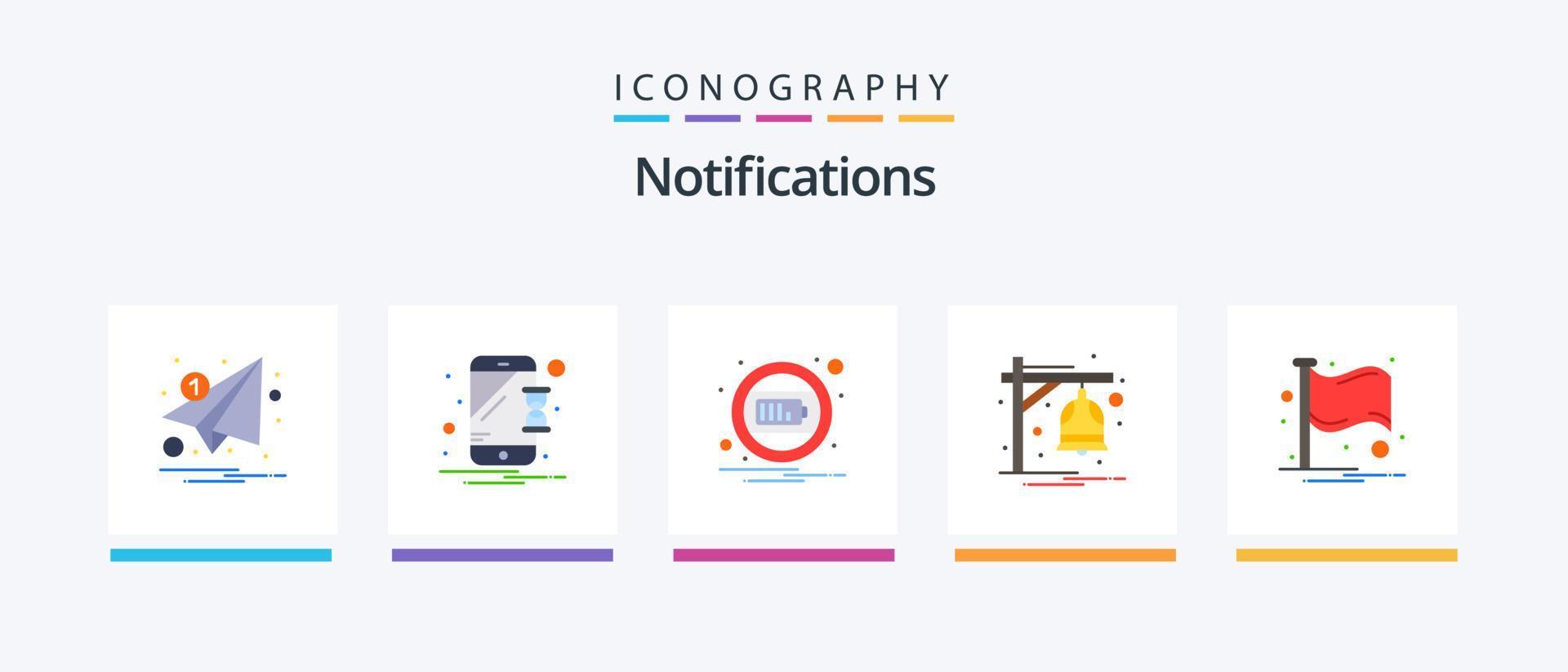 notificações flat 5 icon pack incluindo país. notificação. notificação. Sino. notificação. design de ícones criativos vetor