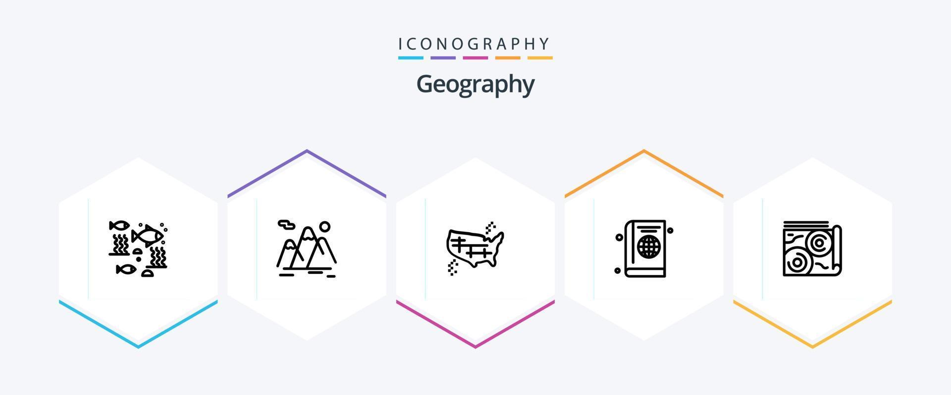 pacote de ícones de 25 linhas de geografia, incluindo capa. Passaporte. caminhada. América. unido vetor