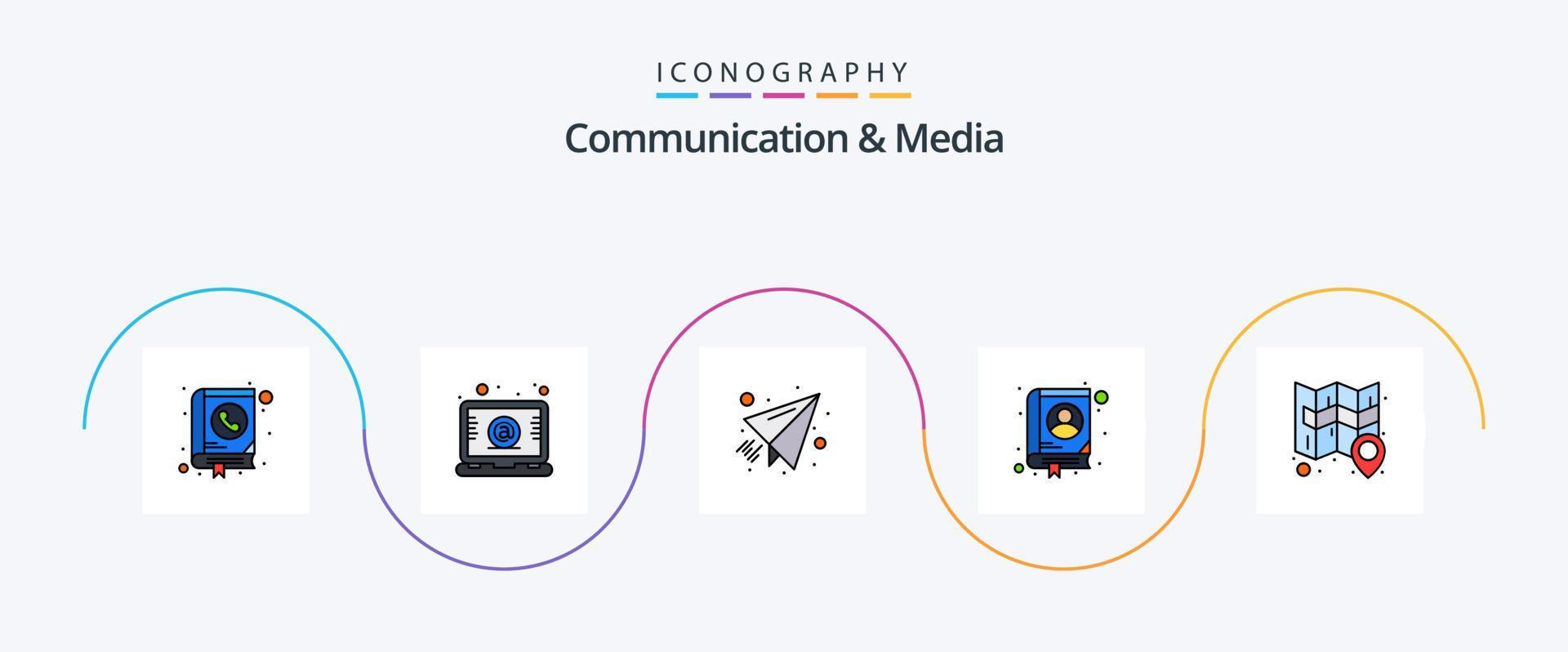 linha de comunicação e mídia preenchida com 5 ícones planos, incluindo mapa. contato. correspondência. livro. enviar vetor