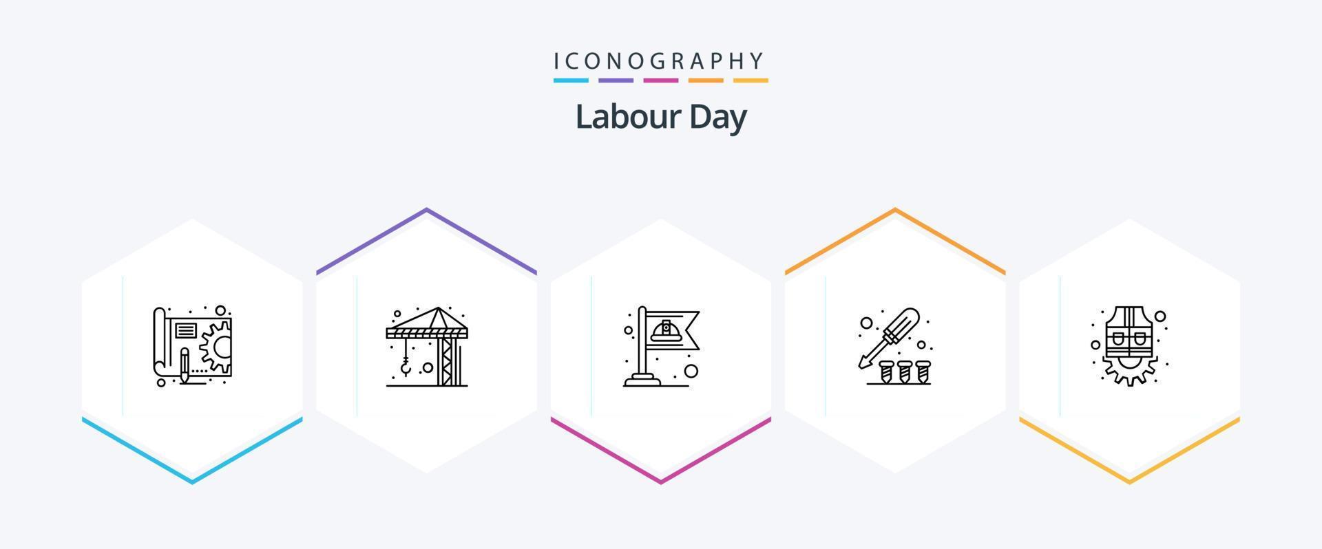 pacote de ícones de 25 linhas do dia do trabalho, incluindo trabalho. jaqueta. bandeira. parafuso. parafuso vetor