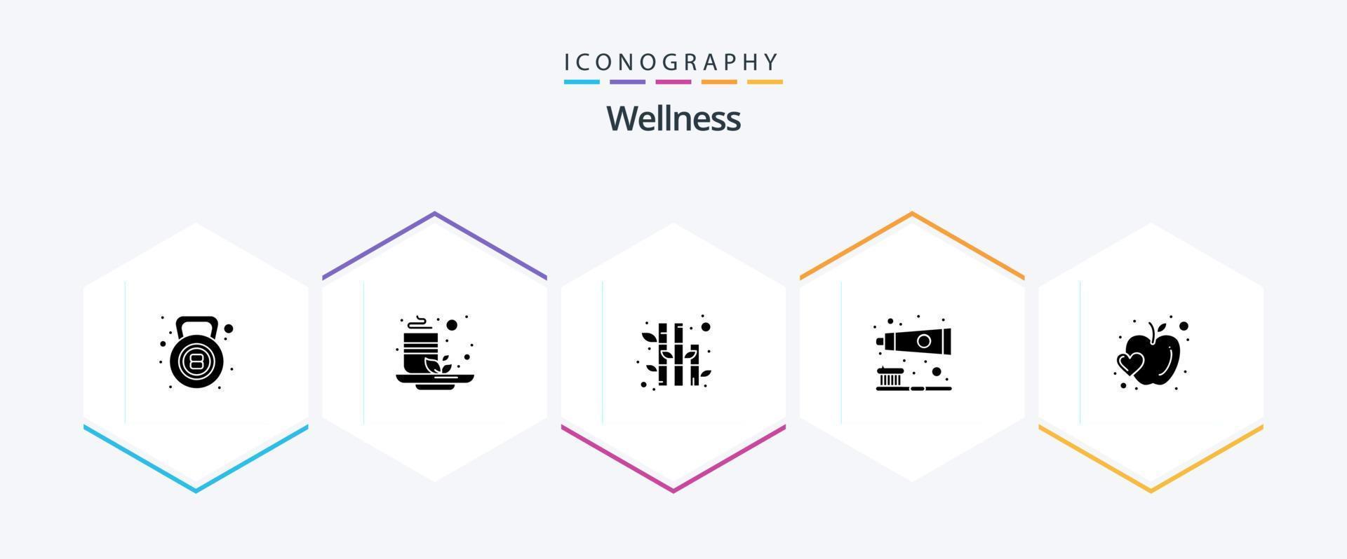 pacote de ícones de 25 glifos de bem-estar, incluindo coração. maçã. bambu. cuidados com os dentes. dente vetor