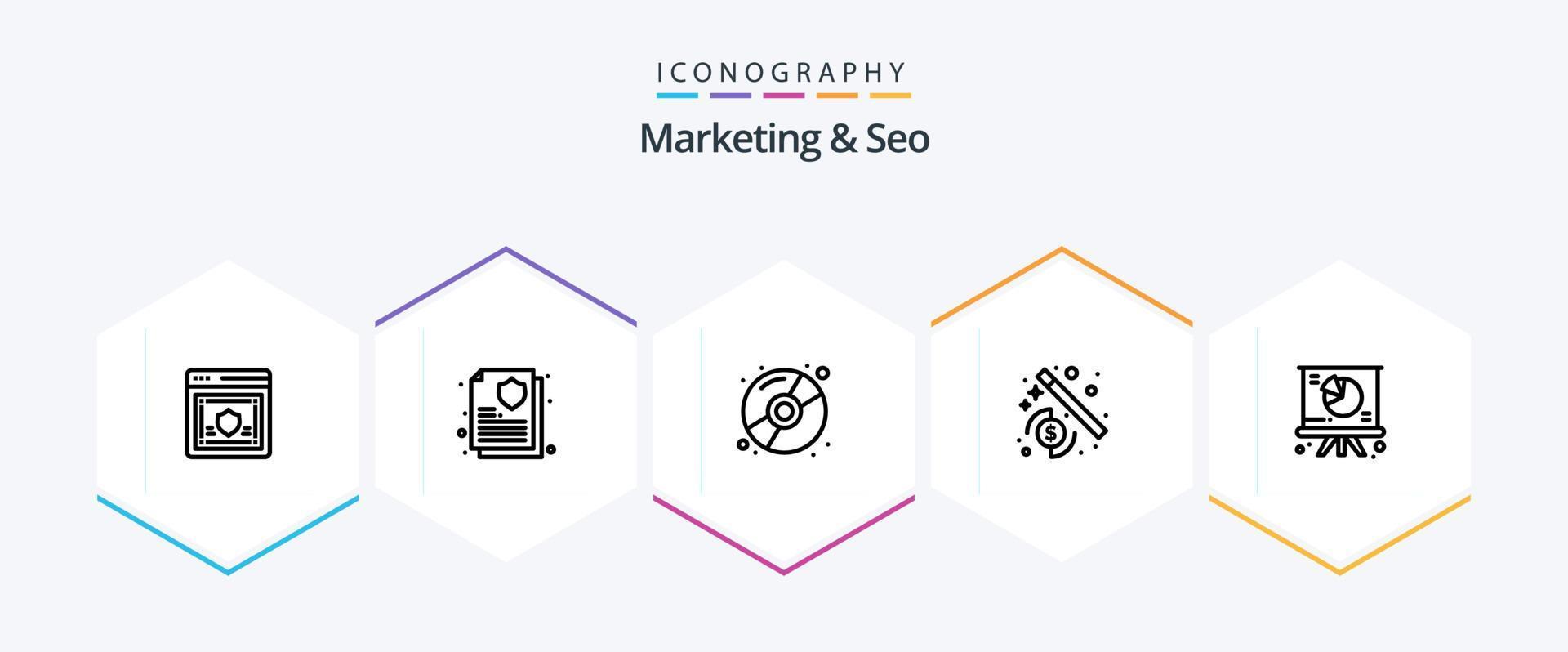 marketing e pacote de ícones de 25 linhas de SEO, incluindo torta. gráfico. cd. mago. dinheiro vetor