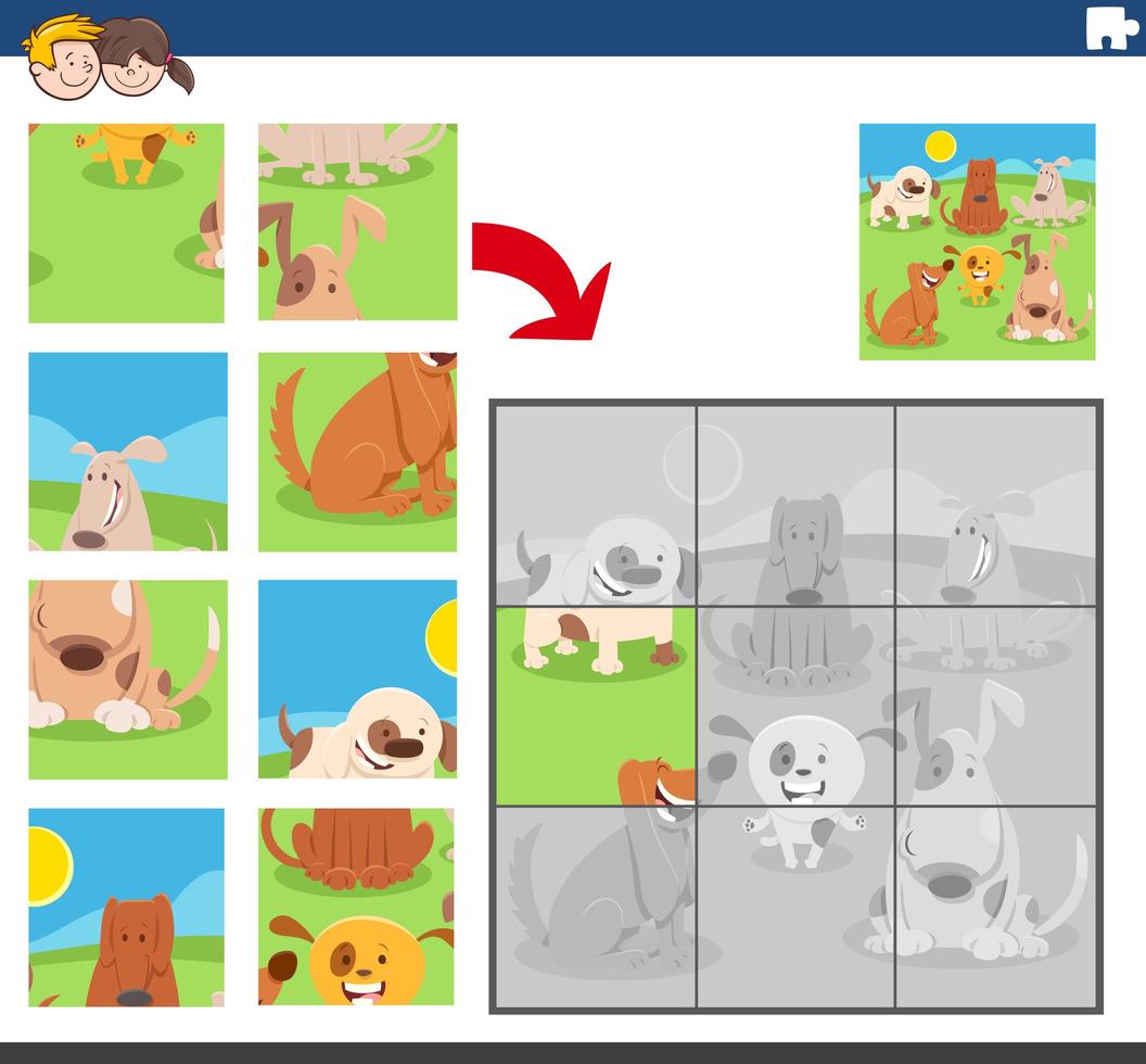 jogo de quebra-cabeça com grupo de cães engraçados vetor