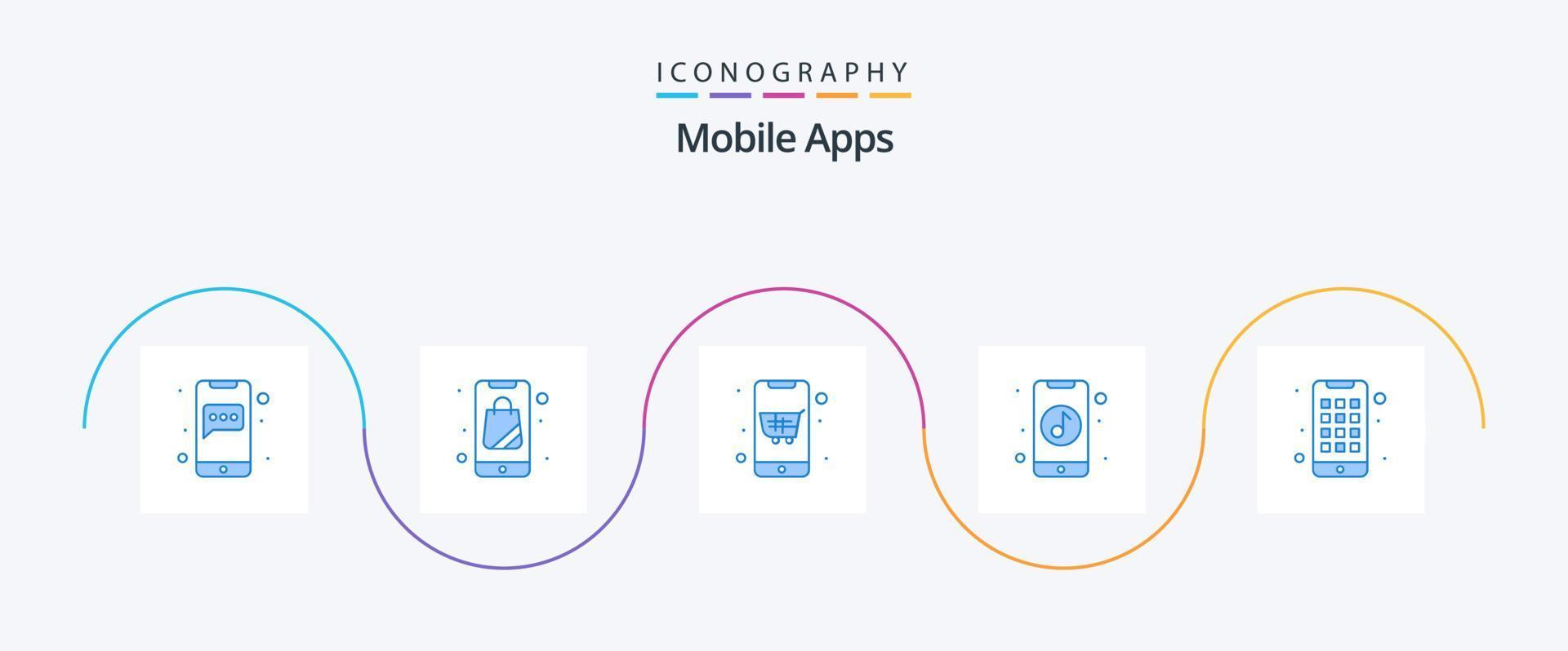 pacote de ícones azul 5 de aplicativos móveis, incluindo dispositivo. on-line. carrinho. música. aplicativo vetor