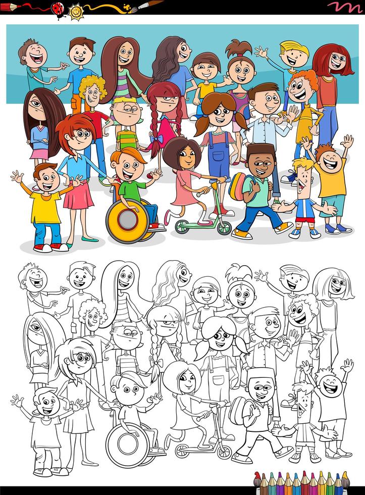 desenho infantil personagens grupo livro para colorir vetor