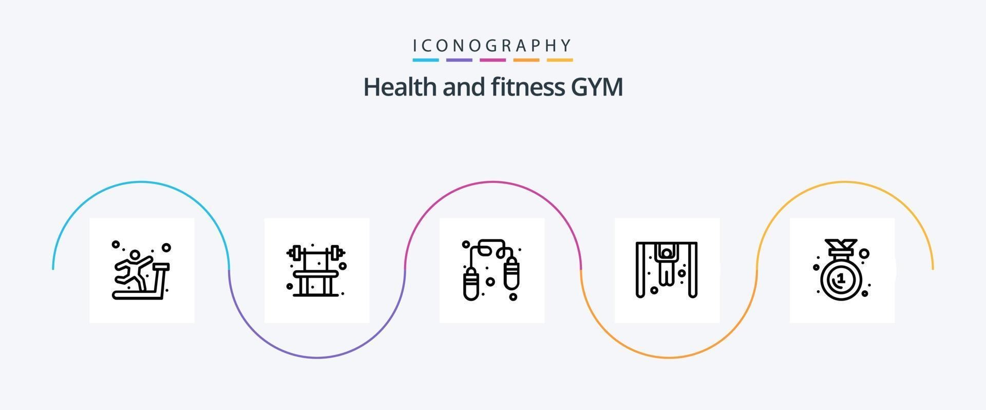 pacote de ícones da linha 5 do ginásio, incluindo medalha. distintivo. exercício. prêmio. ginasta vetor