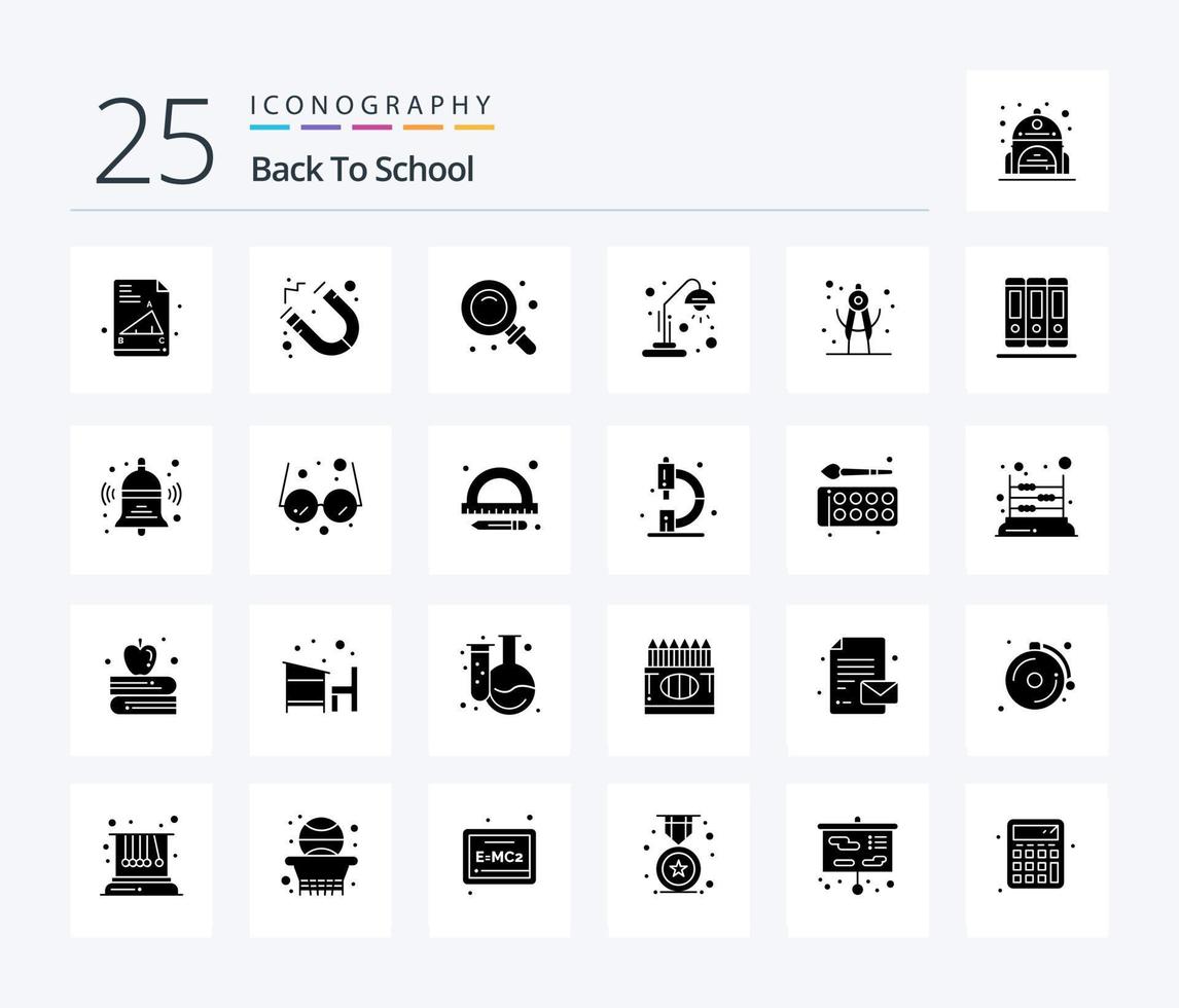 de volta à escola 25 pacote de ícones de glifos sólidos, incluindo livros. geometria. pesquisar. divisor. luz vetor