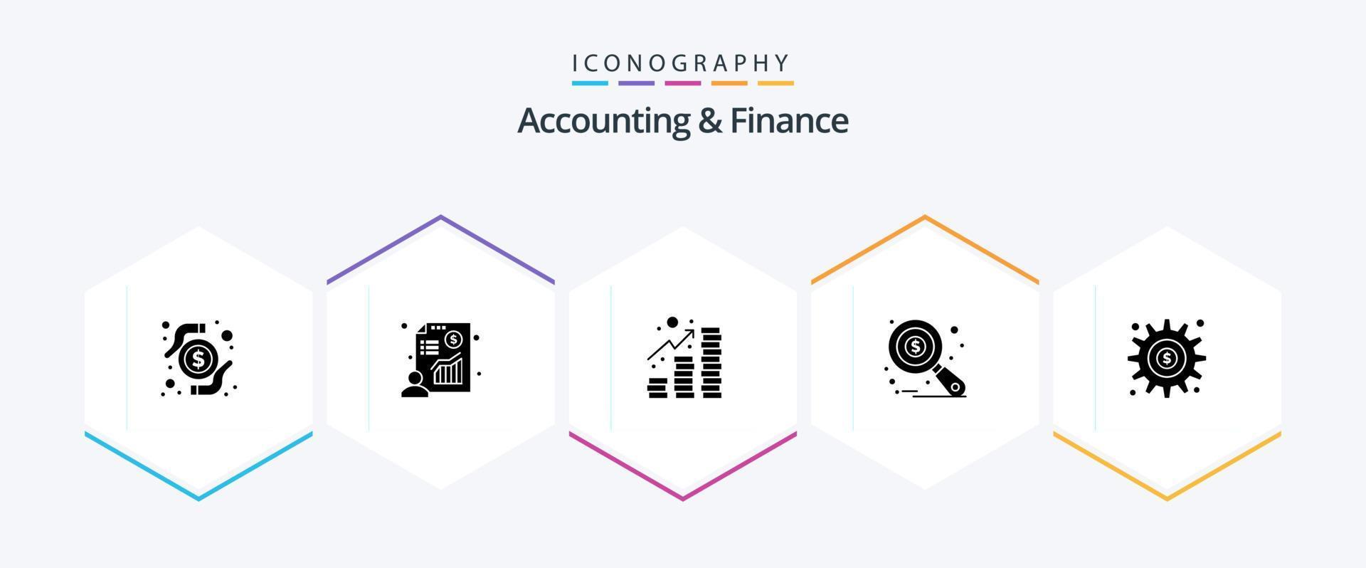 pacote de ícones de 25 glifos de contabilidade e finanças, incluindo equipamento. monitoramento fiscal. renda. análise de dados. pesquisar vetor