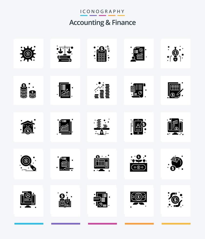 contabilidade criativa e finanças 25 glifo pacote de ícone preto sólido, como calcular. lucro. marketing. apresentação. gráfico vetor