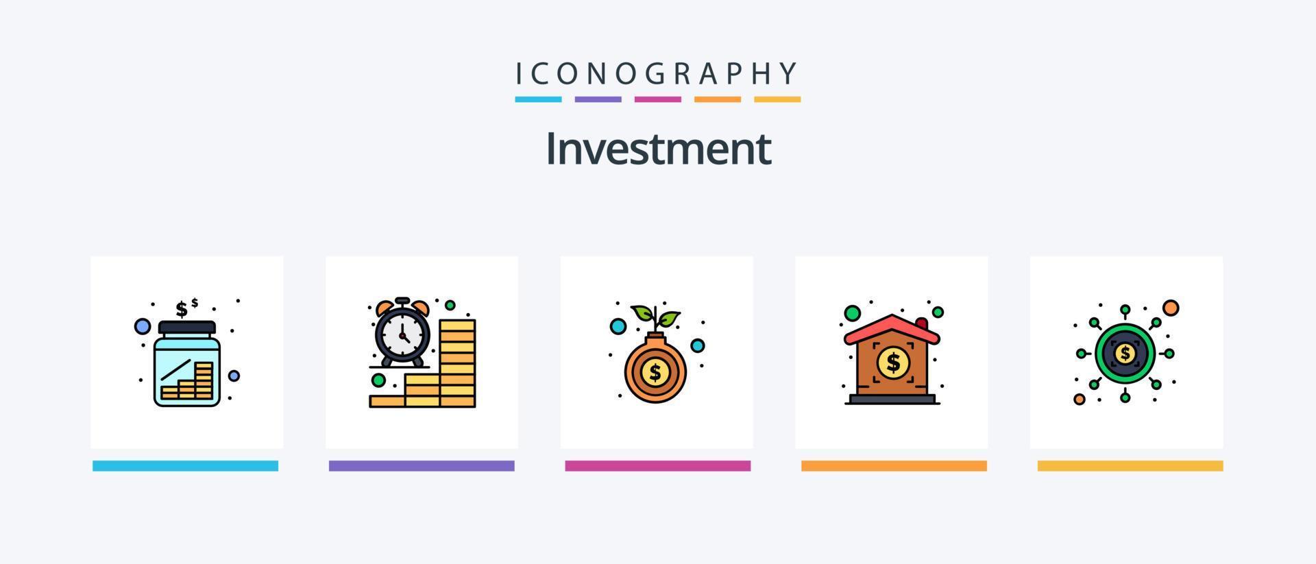 a linha de investimento encheu o pacote de 5 ícones, incluindo as mãos. moedas. poupança. árvore. crescimento. design de ícones criativos vetor