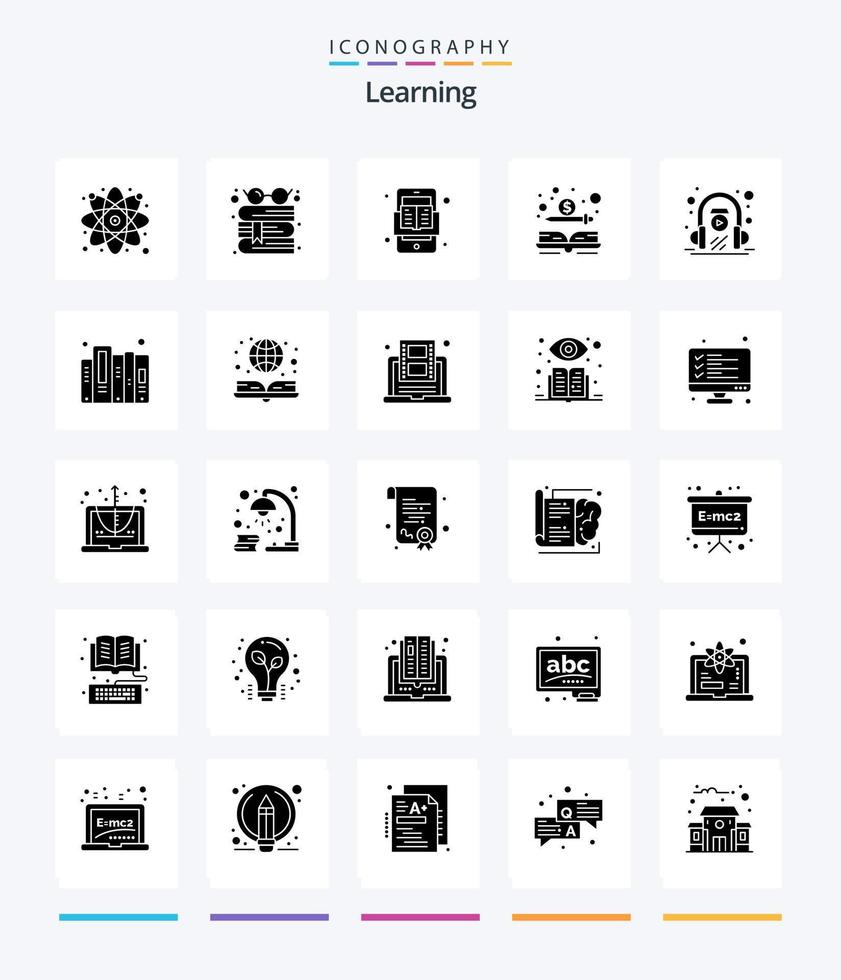 pacote de ícone preto sólido de 25 glifos de aprendizado criativo, como fone de ouvido. dinheiro. livro. dólar. livro vetor