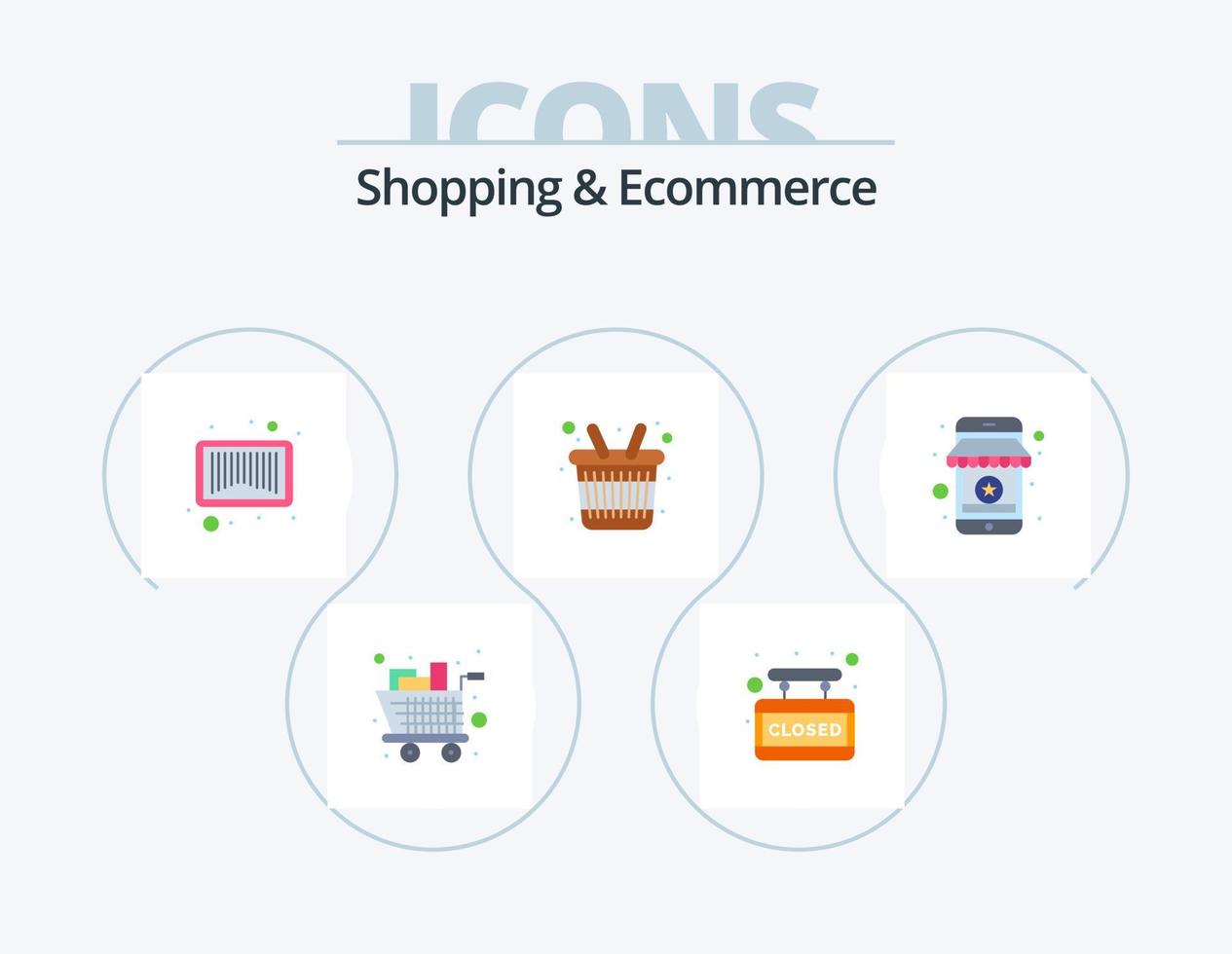 design de ícone plano de pacote de 5 ícones de compras e comércio eletrônico. loja. on-line. código de barras. avaliação. mantimentos vetor