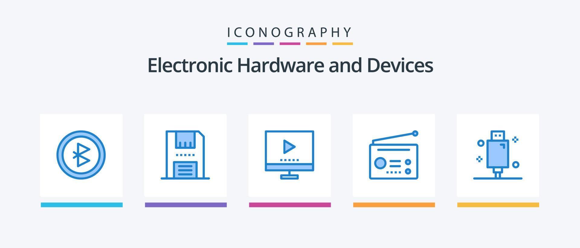 pacote de ícones de 5 dispositivos azuis, incluindo cabo. rádio. dispositivos. gadgets. vídeo. design de ícones criativos vetor