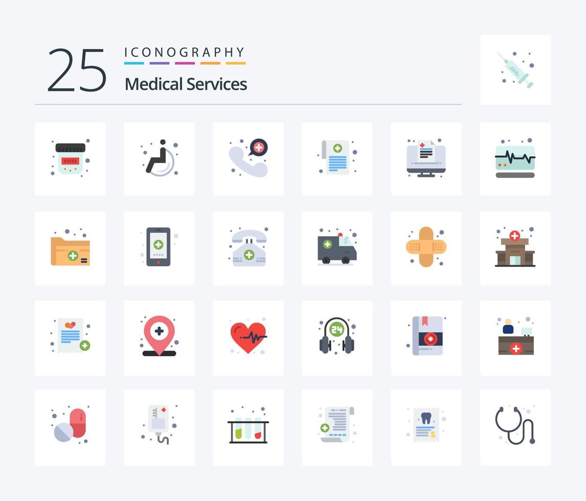 serviços médicos 25 pacotes de ícones de cores planas, incluindo online. assistência médica. emergência. saúde. prescrição vetor