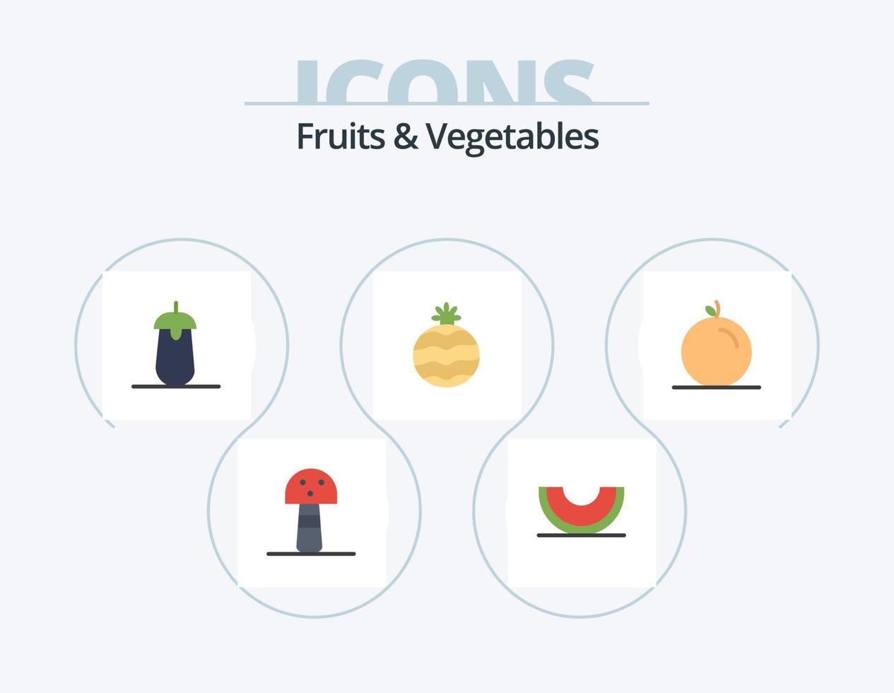 frutas e legumes plana icon pack 5 design de ícone. polpa. fruta. berinjela. abacaxi. vegetais vetor