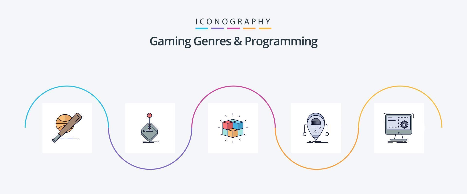 gêneros de jogos e linha de programação preenchida com 5 ícones planos, incluindo droid. android. controle de video game. cubo. quebra-cabeça vetor