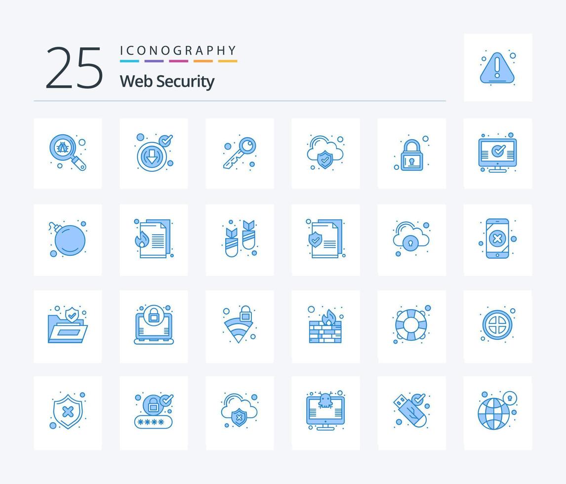 pacote de ícones de 25 cores azuis de segurança na web, incluindo verificação. cadeado. chave. trancar. segurança vetor