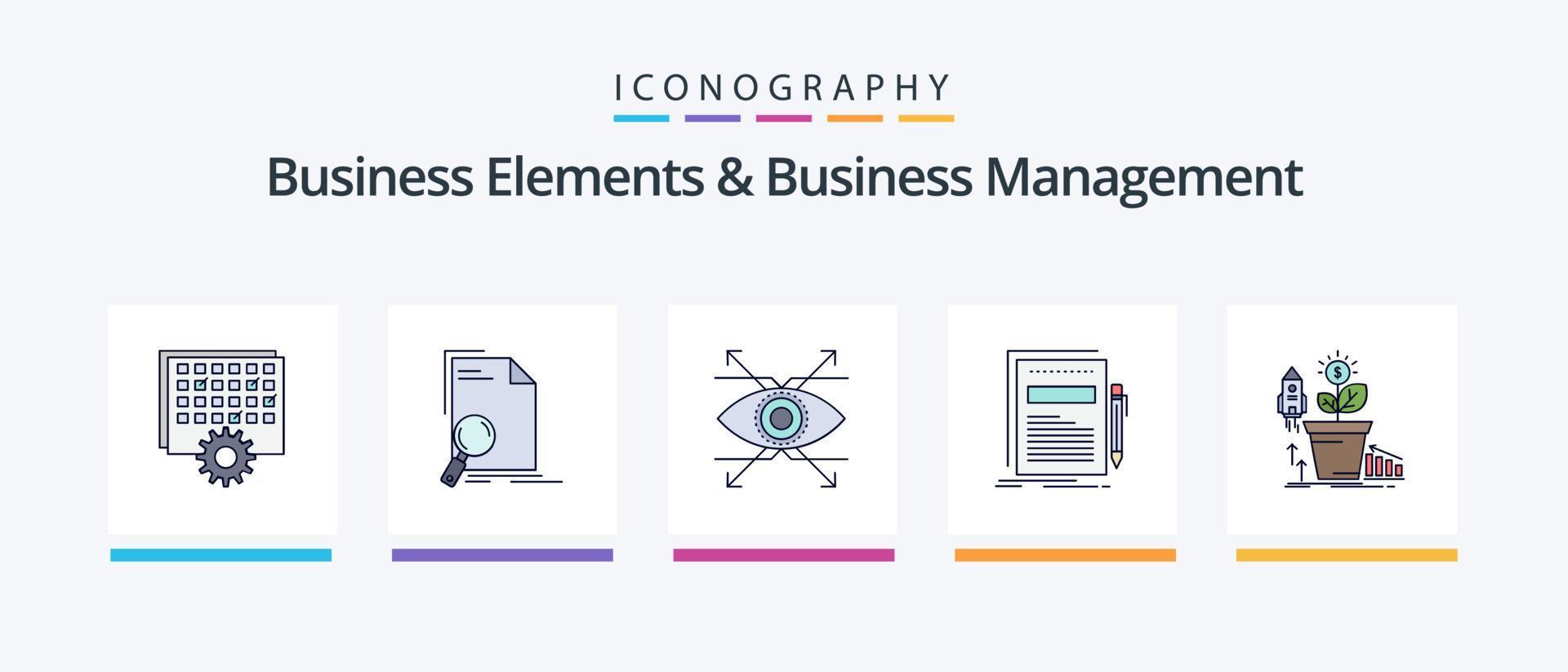 elementos de negócios e linha de gerenciamento de negócios preencheram o pacote de 5 ícones, incluindo arquivo. análise. fábrica. referência. desempenho. design de ícones criativos vetor