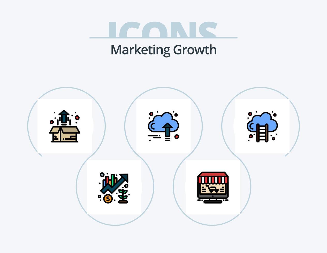 linha de crescimento de marketing cheia de ícones do pacote 5 design de ícones. conquista. bolsa. crescer. compras. nuvem vetor