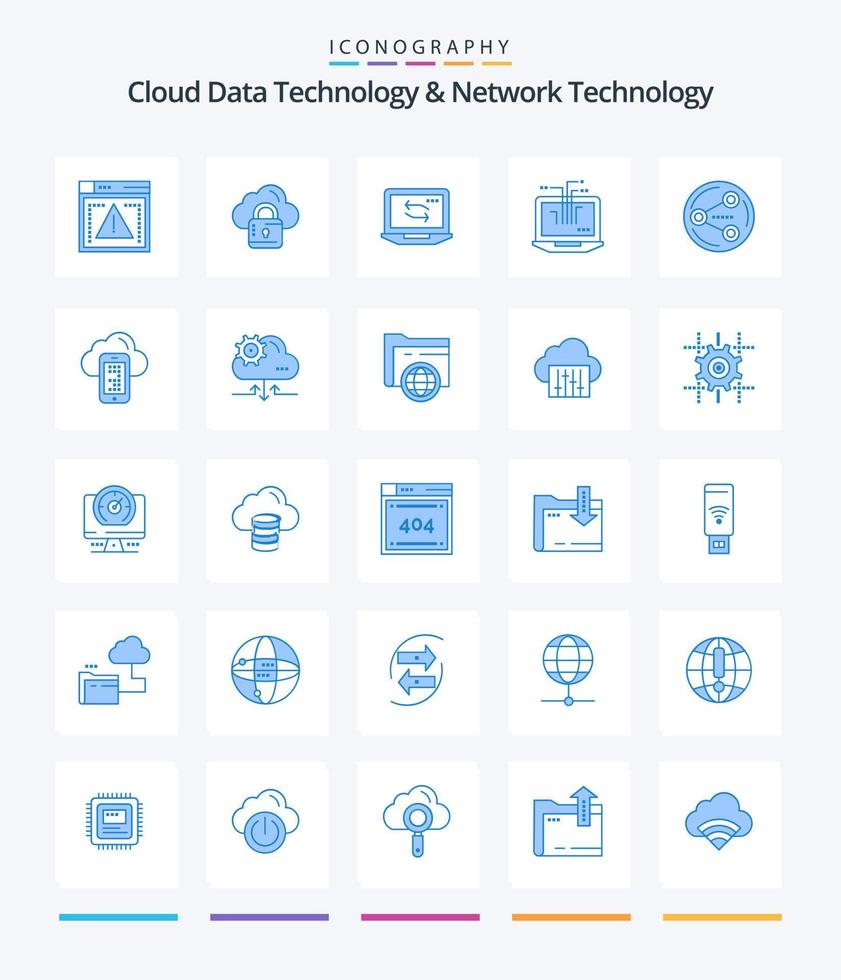 tecnologia de dados em nuvem criativa e tecnologia de rede 25 pacote de ícones azuis, como computação. meios de comunicação. computador. social. compartilhar vetor