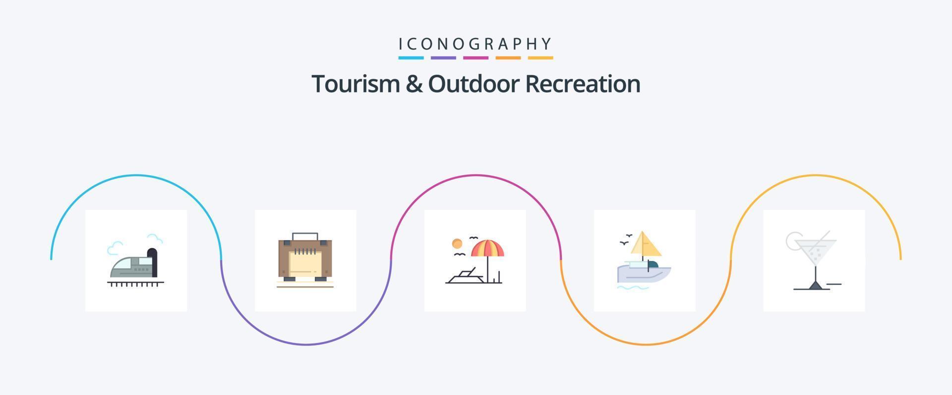 turismo e recreação ao ar livre flat 5 icon pack incluindo bebida. vidro. praia. navio. enviar vetor