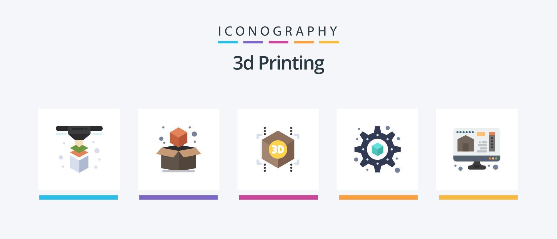 Pacote de ícones planos de impressão 3D com 5, incluindo computador. contexto. caixa. impressão. forma. design de ícones criativos vetor