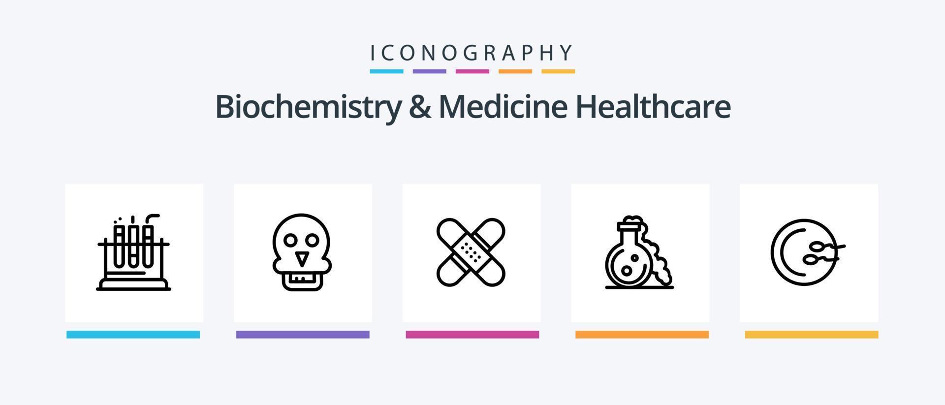 bioquímica e medicina saúde linha 5 pacote de ícones incluindo prato. médico. tubo. teste. frasco. design de ícones criativos vetor