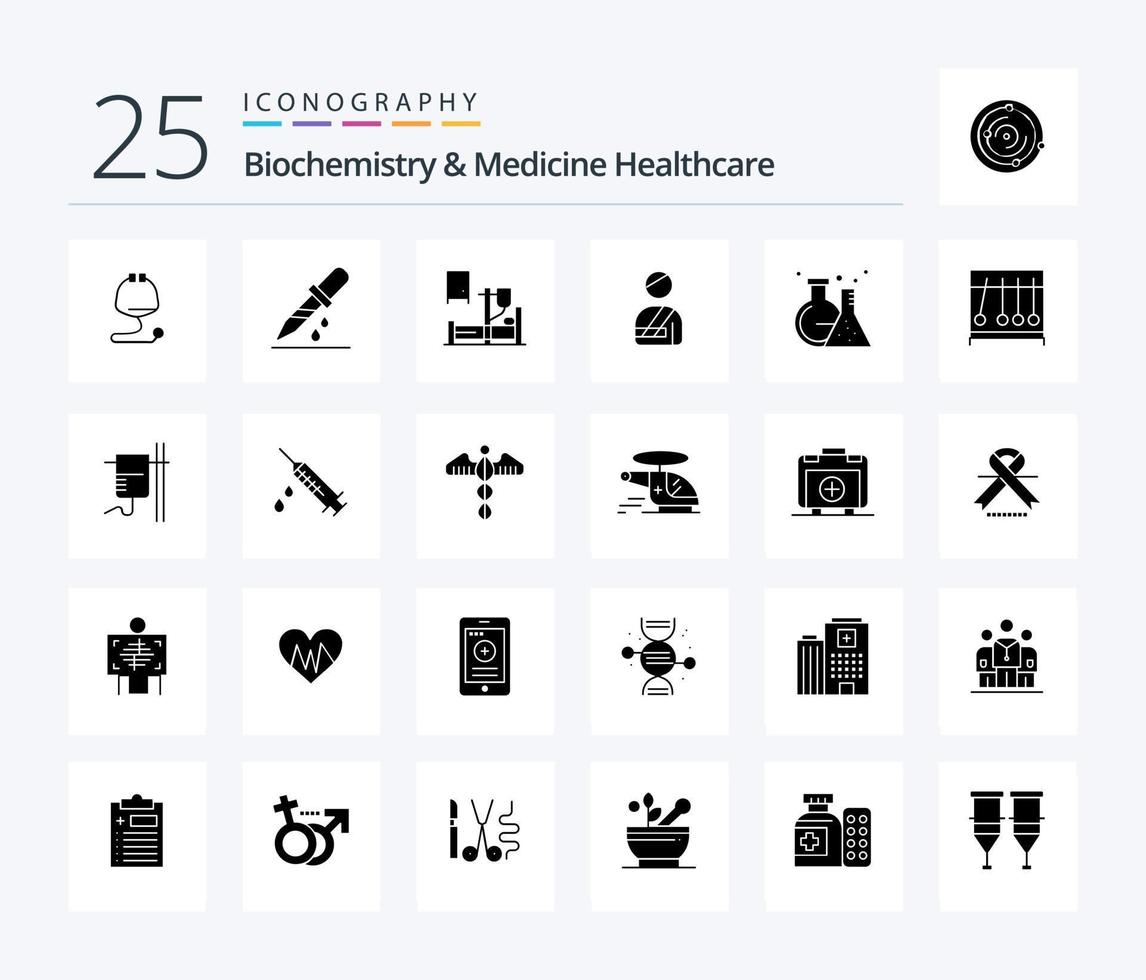 bioquímica e medicina saúde 25 pacote de ícones de glifos sólidos incluindo laboratório. hospital. médico. ferido. paciente vetor