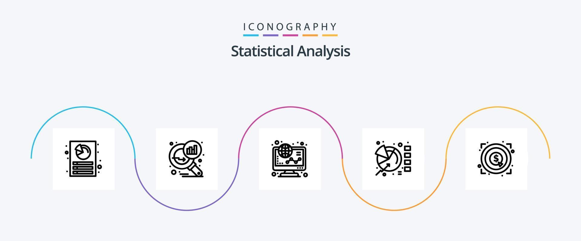pacote de ícones de linha 5 de análise estatística, incluindo marketing. torta. comércio eletrônico. gráfico. compras vetor