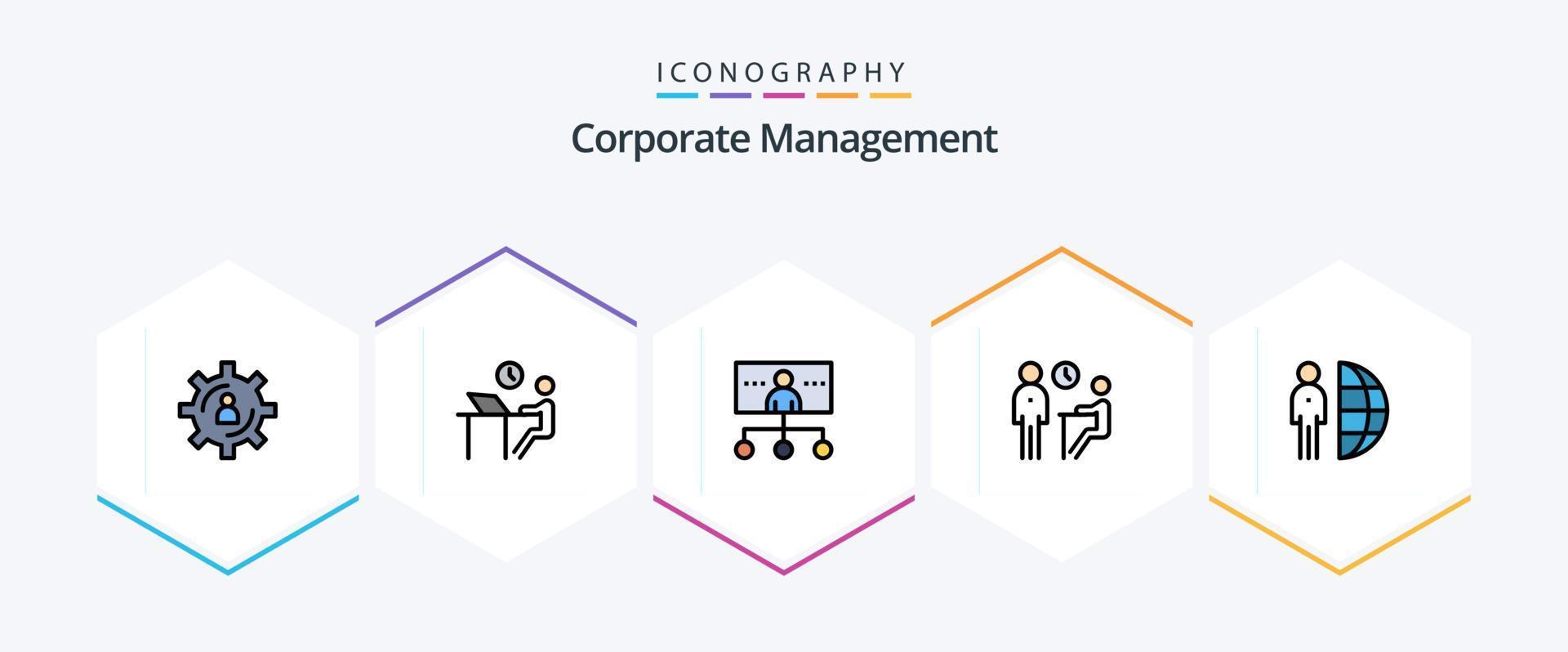 gerenciamento corporativo 25 pacote de ícones de linha preenchida, incluindo reunião. entrevista. pessoa. organização. liderança vetor