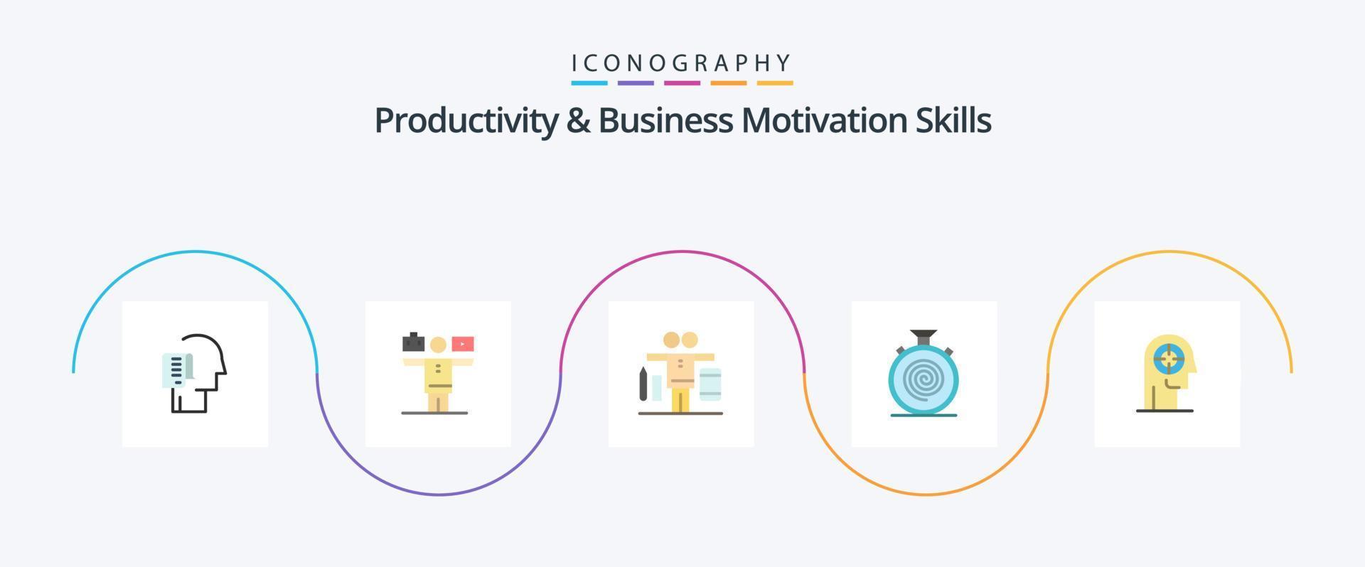 produtividade e habilidades de motivação de negócios flat 5 icon pack incluindo cabeça. concentração. trabalhar. seta. sem parar vetor